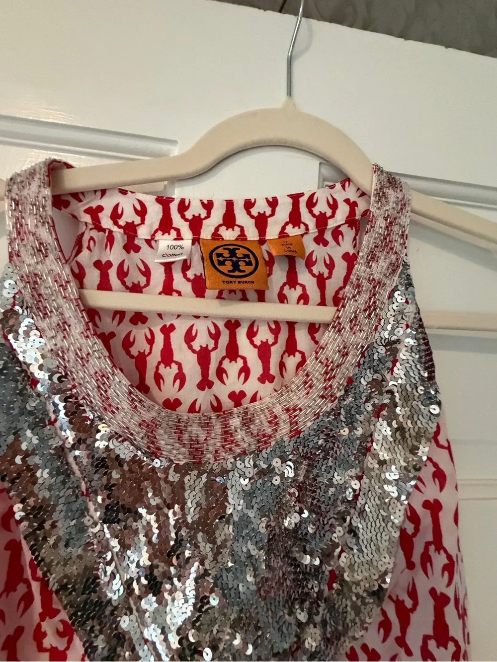 Tory Burch Red and Silver Sequin Scoop Neck Top Lobster 12 L